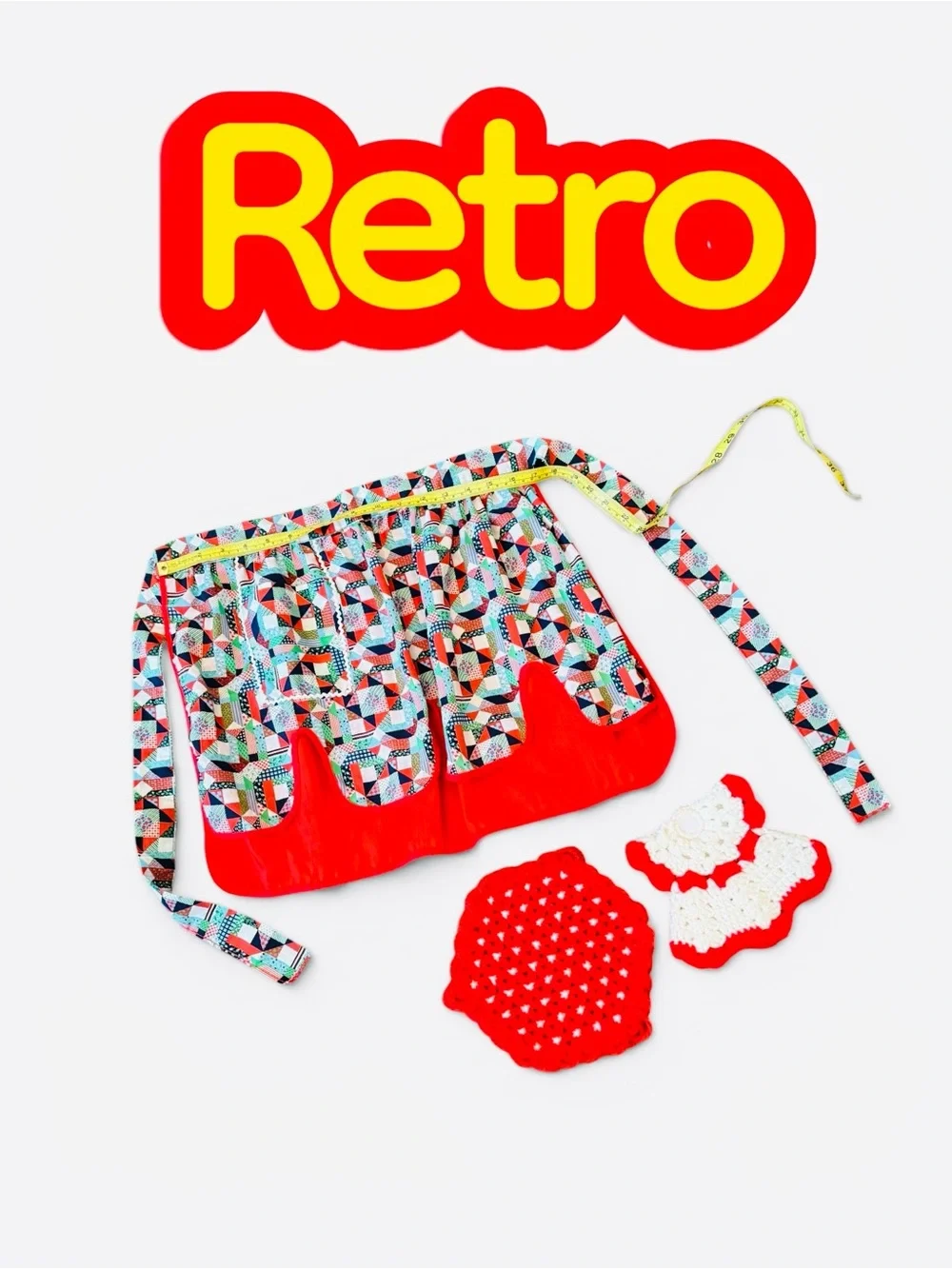 Vintage Patchwork Reversible Multi-Color Retro Apron with Crochet Potholders